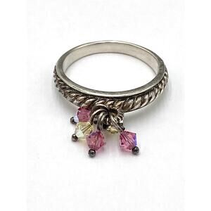 925 Thailand Sterling Silver Ring Faceted Bead Dangles Pink Yellow 9.75